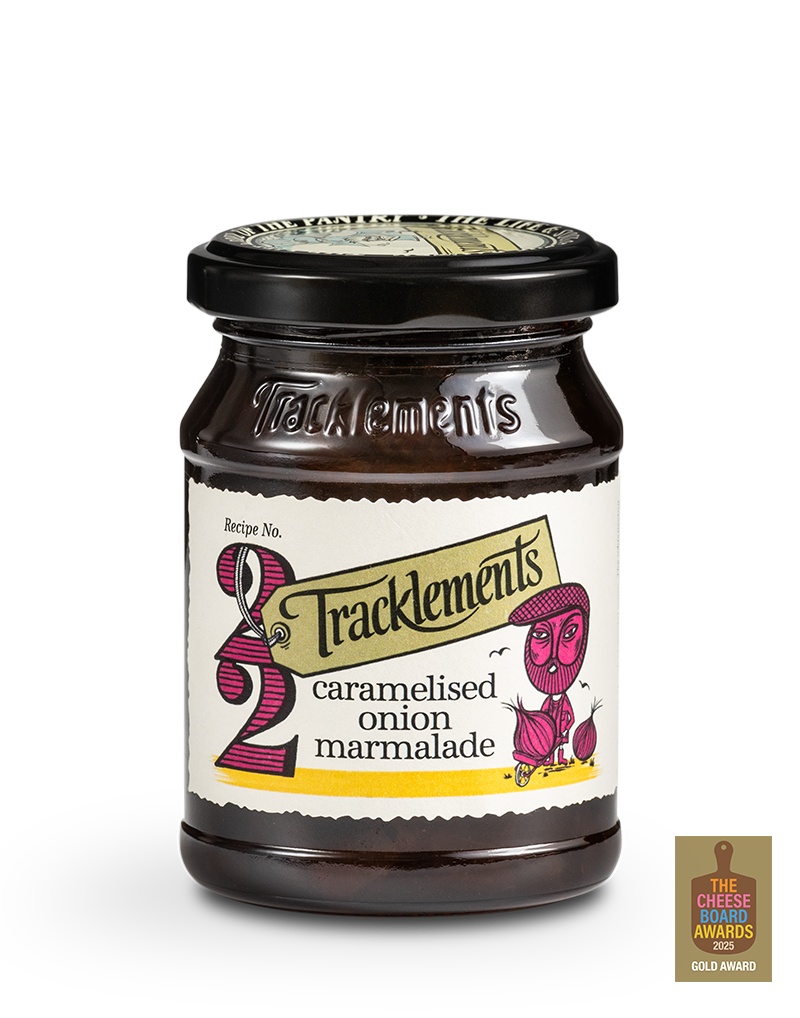 Tracklements karamellisoitu sipulimarmeladi 345g purkissa, täyteläinen brittiläinen lisuke juustolle