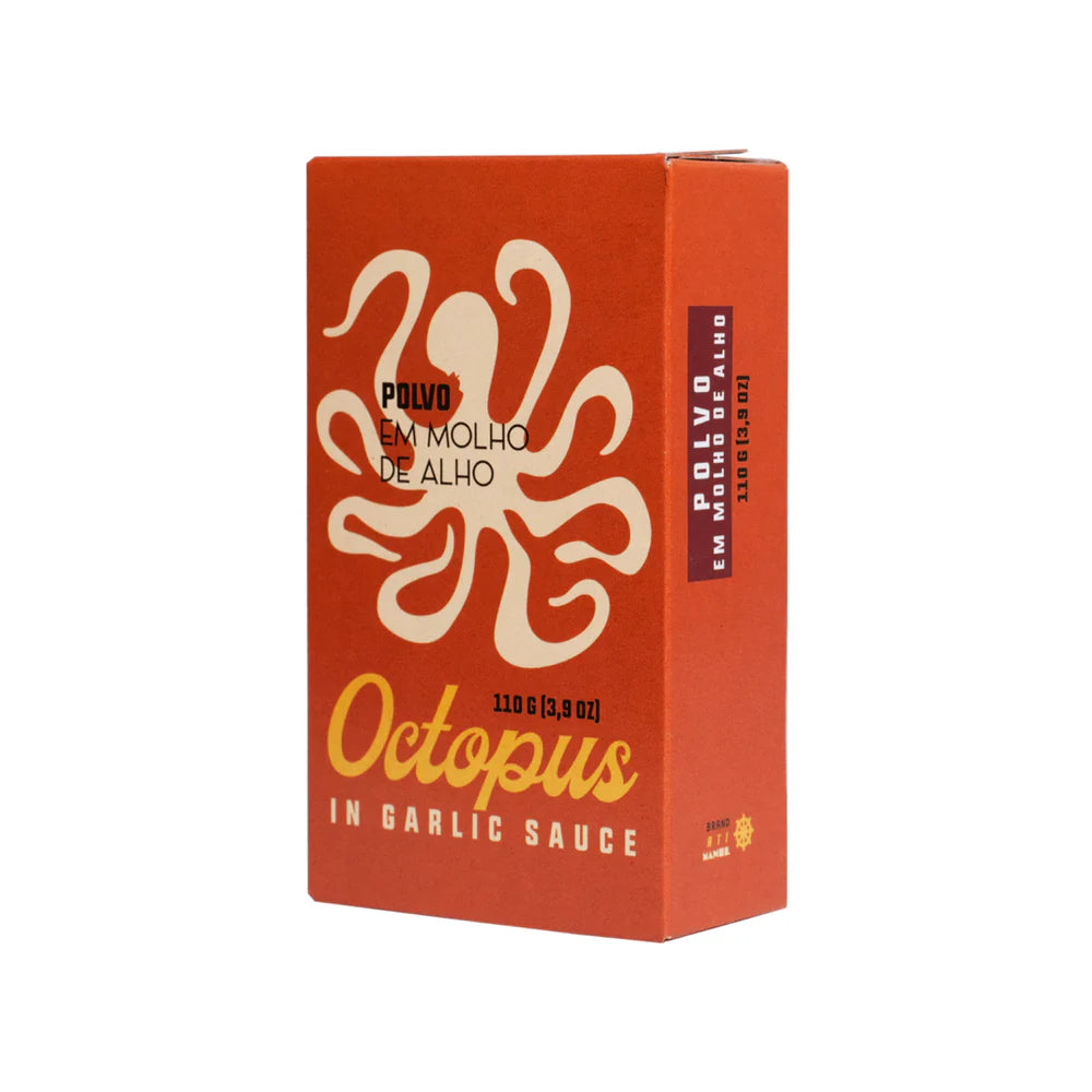 Ati Manel mustekala valkosipulikastikkeessa, pehmeä ja aromikas – octopus in garlic sauce, Portuguese tinned seafood