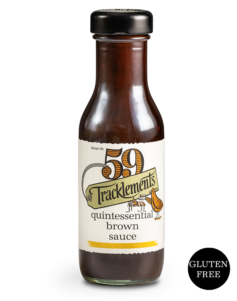 Tracklements brown sauce kastikepullossa, perinteinen brittiläinen maustekastike