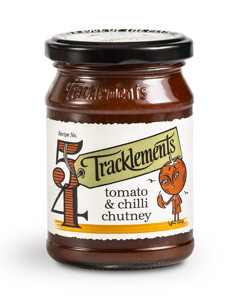 Tracklements tomaatti chili chutney 250g purkissa, täyteläinen ja kevyen tulinen lisuke