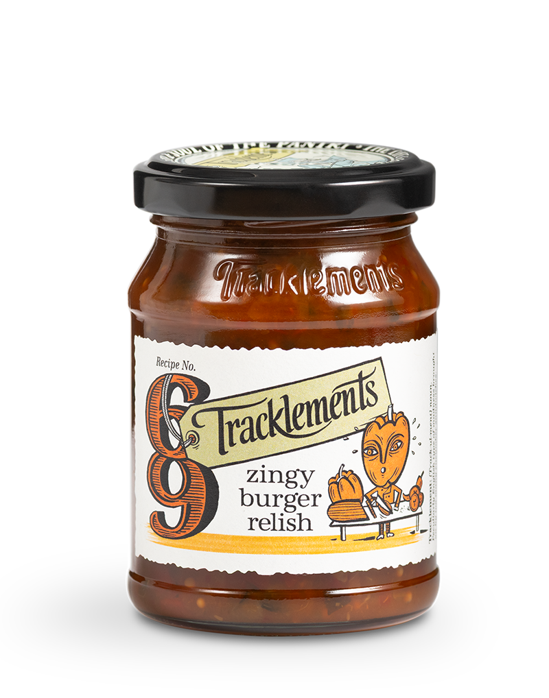 Tracklements burgerirelissi 180g purkissa, pirteä ja mausteinen lisuke burgereille
