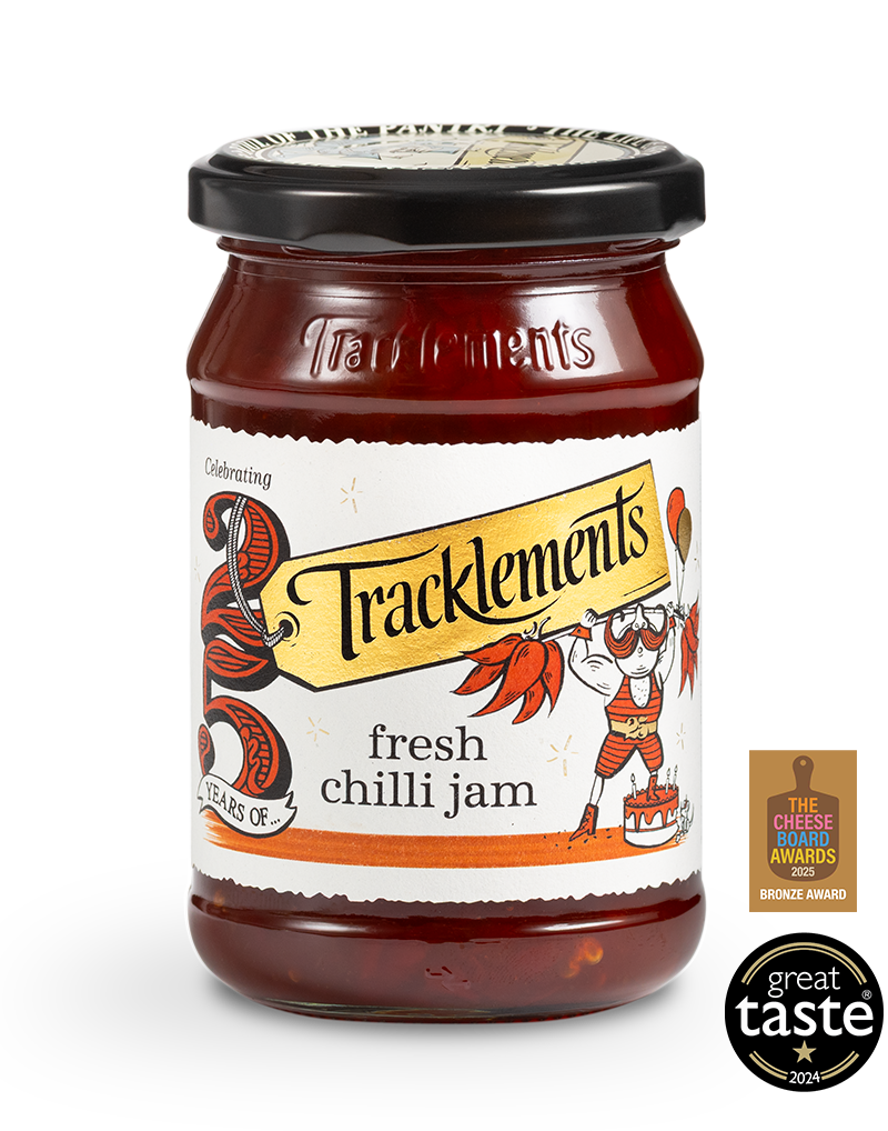 Tracklements chillihillo 345g purkissa, makea ja tulinen hillo ruoanlaittoon ja tarjoiluun