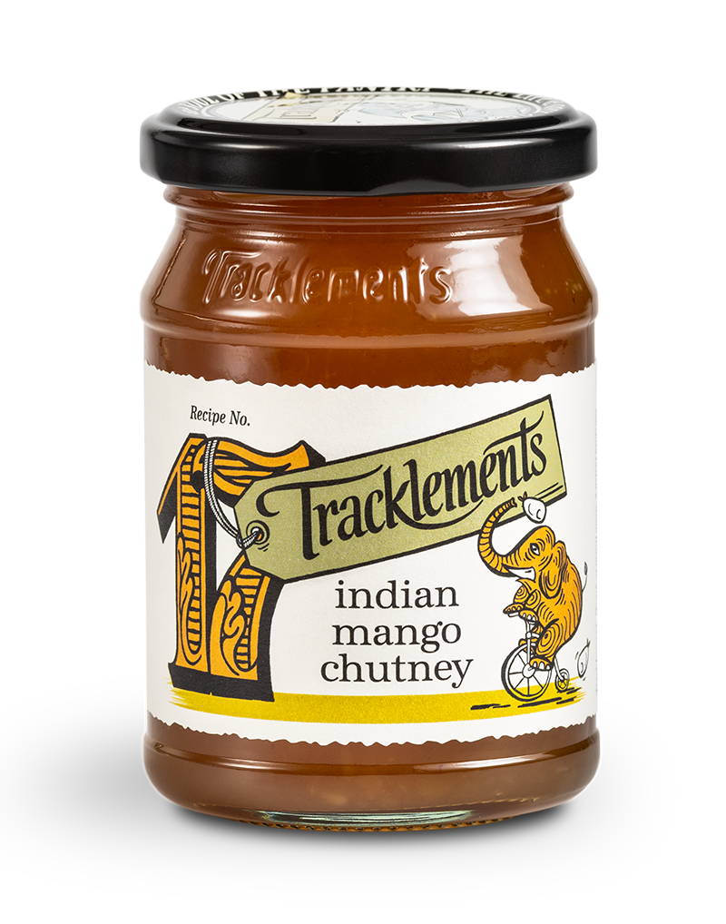Tracklements mango chili chutney 275g purkissa, makea ja mausteinen chutney